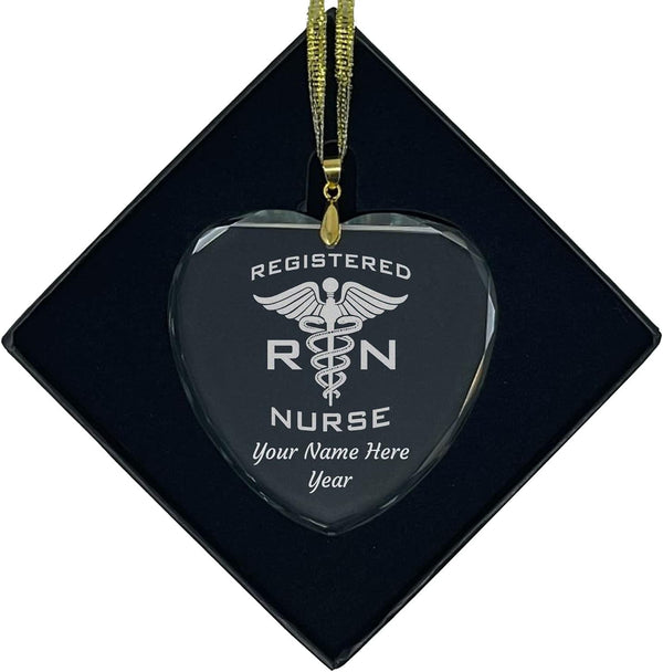 LaserGram Personalized Glass Christmas Ornament, Custom RN Registered Nurse Gift Idea (Heart Shape)