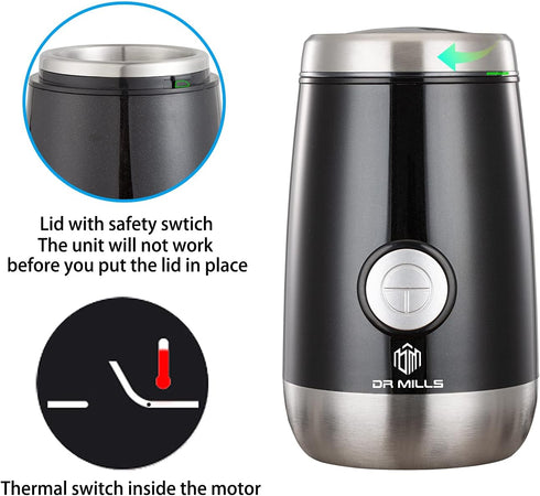 DR MILLS DM-7445 Electric Coffee Grinder, Spice and Herb Grinder, Blade & Cup Made with SUS304 Stainless Steel