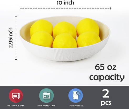 Salad Bowls 10 Inch Serving Bowls 65oz Large Salad Bowls Wheat Straw Bowls Set of 2 Wide and Shallow Plastic Salad Bowls for Kitchen Microwave & Dishwasher Safe.White by Wrova