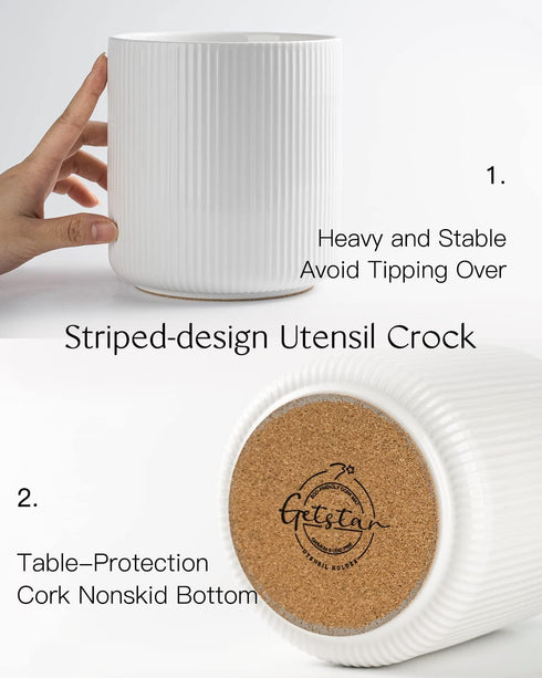 getstar Small Ceramic Kitchen Utensil Holder for Counter (H5.6” x W5.2”), White with Cork Mat