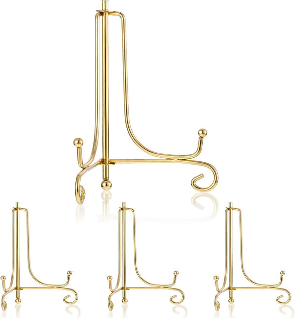 Tatuo 4 Packs 6 Inch Plate Holder Display Stand, Iron Easel for Decorative Photos, Home Decoration (Gold)
