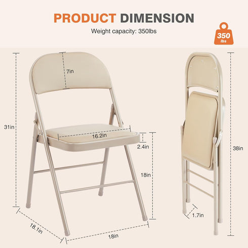 2 Pack, Sweetcrispy Folding Chair Leather Padded Folding Chairs, Sturdy Metal Foldable Chairs, Easy to Use and Store