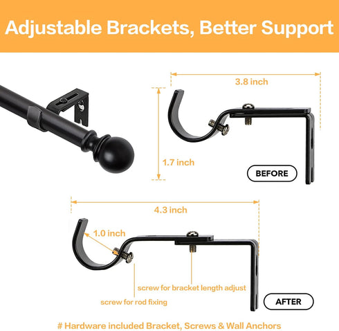 Curtain Rods for Windows 48 to 84, 1 Inch Black Heavy Duty Drapery Rod Set with Adjustable Ball Finials
