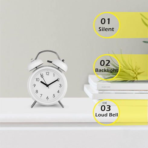 PILIFE 4 inch Analog Alarm Clock, Super Silent Non-Ticking Twin Bell with Backlight, Battery Operated