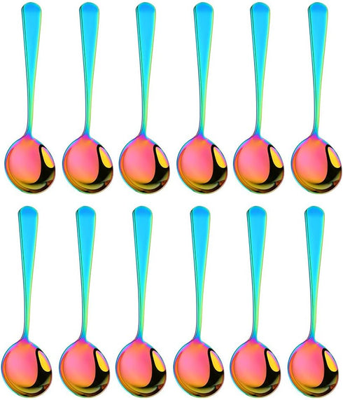 Broth Round Spoon Set, 12-Piece Reusable Stainless Steel Dinner Table Spoons, Rainbow Color for Camping, Ramen
