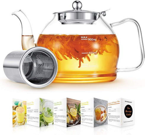 Glass Teapot, 40oz with Removable Infuser, Clear Borosilicate Glass for Blooming and Loose Tea