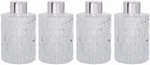 Hosley Set of 4 Mid Century Modern Glass Diffuser Bottles, 4 Inch High, Ideal for Essential Oils & DIY Crafts, O3 Silver