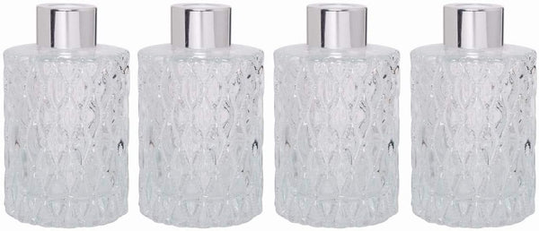 Hosley Set of 4 Mid Century Modern Glass Diffuser Bottles, 4 Inch High, Ideal for Essential Oils & DIY Crafts, O3 Silver