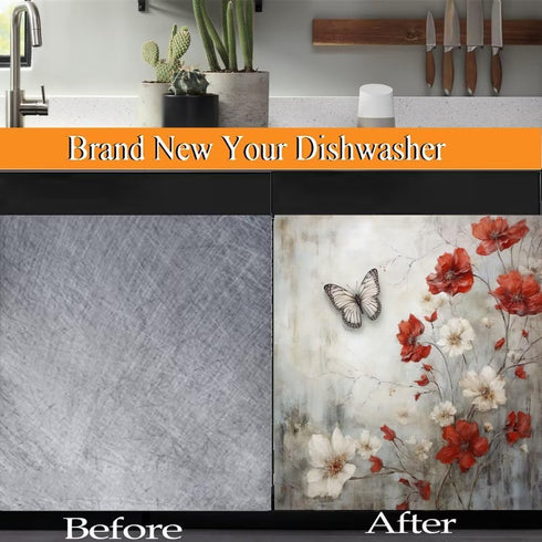 Rustic Farmhouse Magnetic Dishwasher Cover, White and Red Flowers Vinyl Decal, 23Wx26H Inches