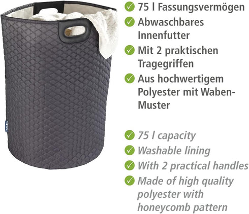 Wenko 20 Gal. Grey Laundry Bin, Round Hamper with Handles, Collecting Laundry Basket, Honeycomb Motif