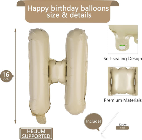 Beige Happy Birthday Balloons Banner, 16 Inch Mylar Foil Letters