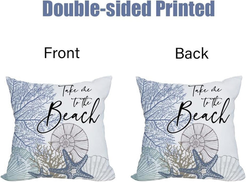 2 Pack Waterproof Take Me to The Beach Summer Pillow Covers 18x18 Inch, Blue Ocean Sea Shell Coral Conch Starfish Throw