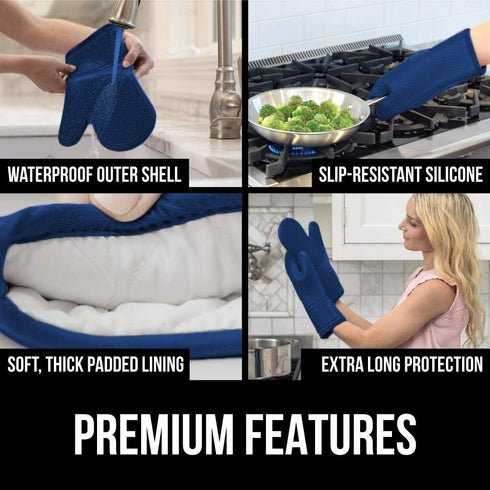 Gorilla Grip Heat and Slip Resistant Silicone Oven Mitts Set, Long Flexible Gloves for Cooking, Blue