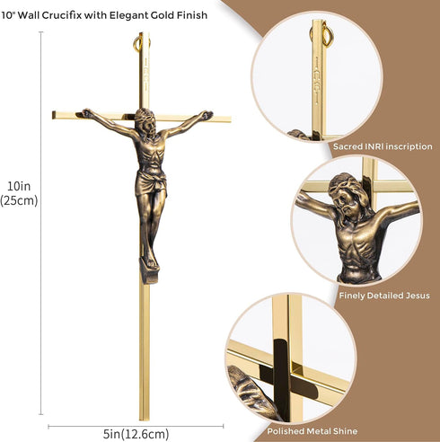 ACHIBANG Gold Crucifix Wall Cross, 10" Catholic Metal Cross with Jesus & INRI, Faith Decor for Wall Display