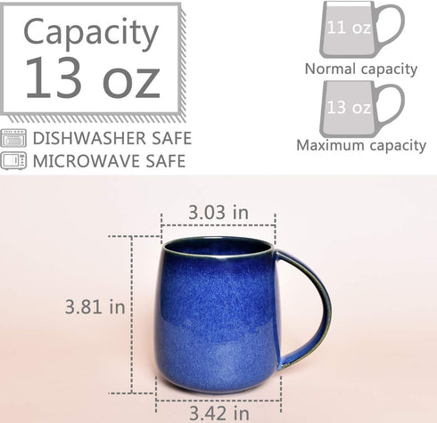 Bosmarlin 13 oz Ceramic Coffee Mug, Blue Tea Cup for Home and Office, Dishwasher and Microwave Safe