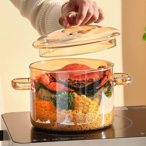 Glass Pot with Cover, Heat Resistant Cooking Pot and Pan with Lid, 1.5L/50 OZ for Pasta, Noodle, Soup