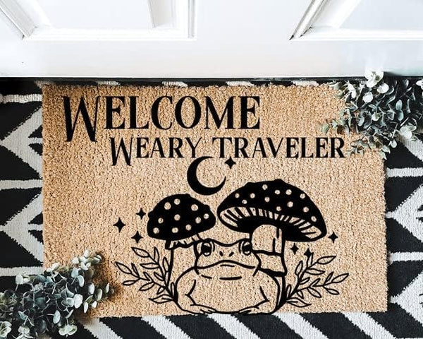Welcome Weary Traveler Doormat - Cottage Fairy Core Toad & Mushroom Design, Funny Housewarming Gifts, 16x24 Inch