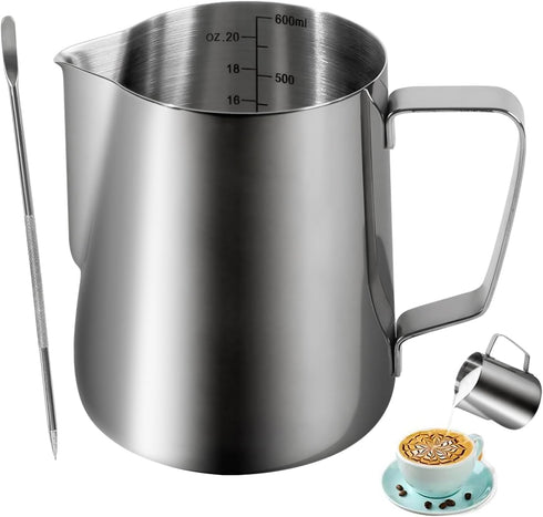 20oz 600ml Milk Frothing Pitcher, Large Capacity Stainless Steel Milk Coffee Cappuccino Latte Art Jug with Latte Art Pen