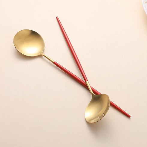 Salad Servers Set, 11.41 Inch Spoon and Fork, 18/10 Stainless Steel with Titanium Plating (Red Gold)