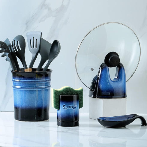 Nihow 4 Inch Ceramic Spoon Rest, Heat Resistant Utensil Holder for Kitchen Counter, Dishwasher Safe, Elegant Blue