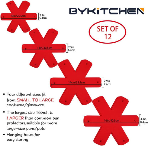 BYKITCHEN Pot Pan Protectors - Set of 12, Red Pads for Stacking Cookware