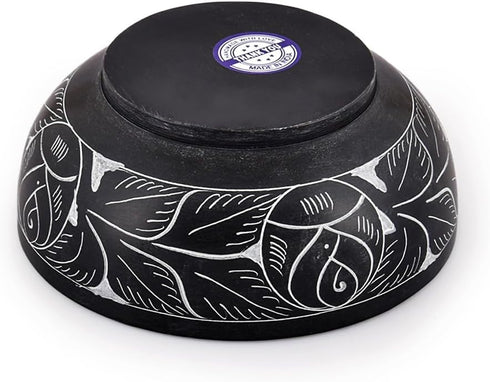Kaizen Casa Hand Carved Natural Stone Bowl, Smudge Pot, White Leaf Carved Design, 5” x 2” – Black, Jewelry Dish,