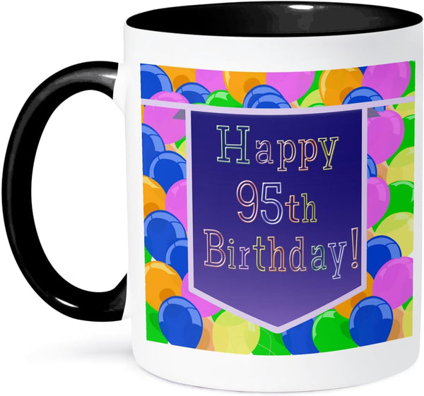 3dRose Happy 95Th Birthday Balloons with Purple Banner Two Tone Mug, 11 oz, Black