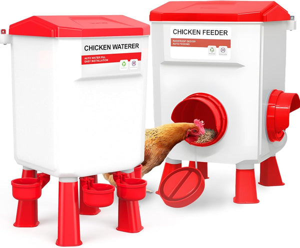 Chicken Feeder and Waterer Set, Chicken Coop Accessories with Hanging Chicken Feeder
