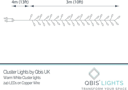 240 10ft QBIS LED Christmas Cluster Lights, Warm White Fairy Lights on Copper Wire, Plug in, Christmas Tree Lighting
