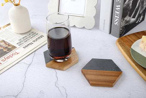 Set 4Pcs WLWNWFT Wood Black Marble Coasters for Drinks, Modern Rustic Acacia Hexagon Coaster Decorative Bar Coaster