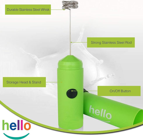 HELLO Milk Frother: Handheld Electric Foam Maker for Coffee, Lattes, and Hot Chocolate (GREEN)