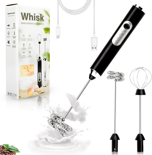 Electric Double Whisk Milk Frother Handheld Black USB Rechargeable Drink Mixer, 3