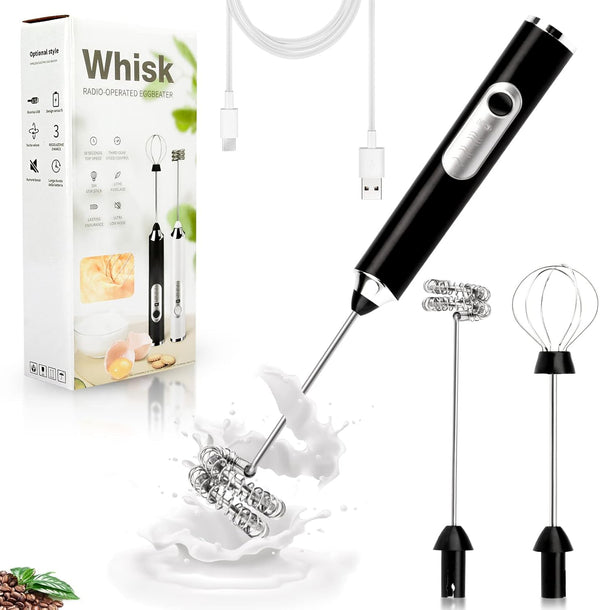 Electric Double Whisk Milk Frother Handheld Black USB Rechargeable Drink Mixer, 3