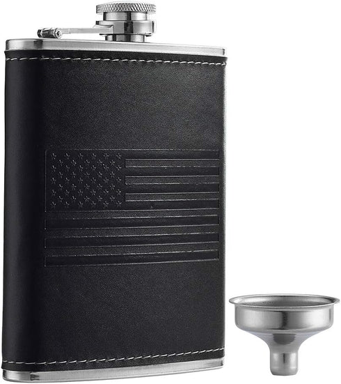 Stainless Steel American Flag Flask, 8oz Soft Touch Cover Liquor Flasks, Leak Proof Black PU Leather
