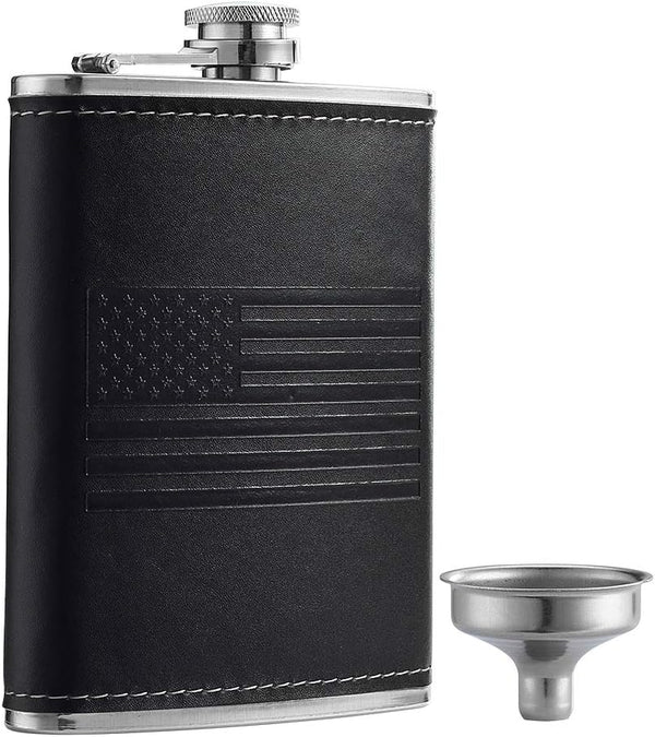 Stainless Steel American Flag Flask, 8oz Soft Touch Cover Liquor Flasks, Leak Proof Black PU Leather
