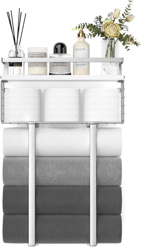 Towel Racks for Bathroom, Floating Shelves with Towel Rack and Paper Holder, Over Toilet Storage, Silver