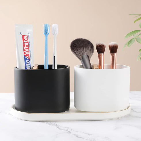 rejomiik Thick Resin Toothbrush Holders, Bamboo Bathroom Countertop Organizer for Toiletries and Beauty Accessories