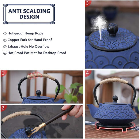 Set 4 Japanese Style Cast Iron Teapot with Tea Cups Iron Tea Kettle with Infuser Hemp Rope Trivet Asian Gift for Adults