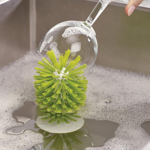 Hengkainsing Brush-Up Glass Brush with Suction Cup - Upright Stays in Sink for Kitchen Bottle Cleaning (Gray)