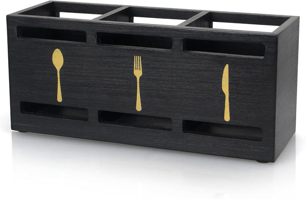 Ayiaren Wooden Cutlery Silverware Holder, Black Utensil Caddy for Kitchen Counter, Tabletop Organizer for Parties