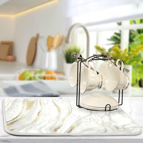 Marble Dish Drying Mat for Kitchen Counter, White Golden Marble Grey Drying Pad, Super Absorbent Microfiber Protector