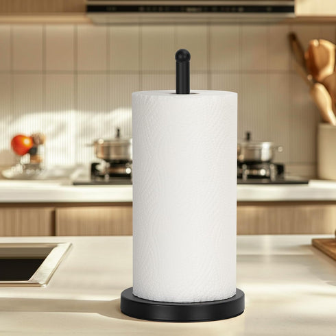 Heavy Duty Black Paper Towel Holder Countertop, Steady Weighted Towel Roll Stand Organizer for Kitchen Bathroom (A076)