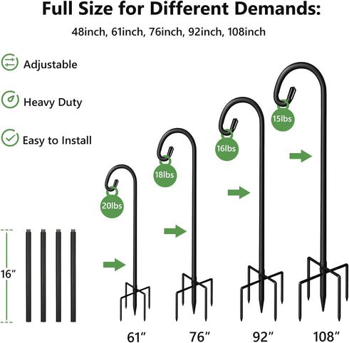 61 Inch 5 Hummingbird Shepherds Hooks for Outdoor Heavy Duty, Adjustable Bird Feeder Pole with Prong Base, Feeder Stand