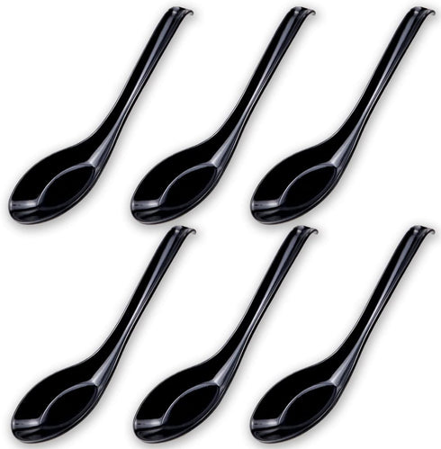 DOERDO 6PCS Japanese Style Soup Spoons - Long Handle for Kitchen Mixing, Baking, Cooking, Black