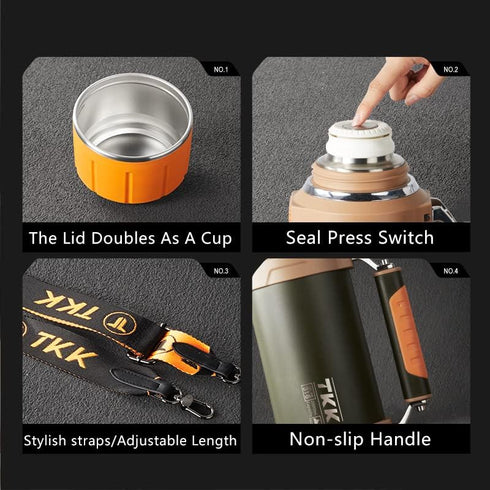 2QT 64oz 24 Large Coffee Vacuum for Hot Drinks Stainless Steel Insulated Bottle With Cup Handle Keeps Liquids Hot