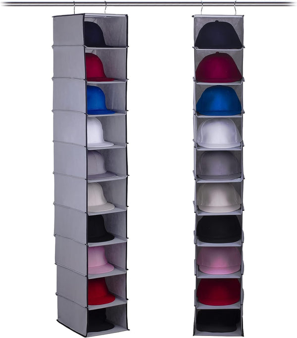 GRANDAN Hat Rack with Upgrade Metal Hooks, 10 Shelf Hanging Closet Organizer for Baseball Caps, Gray