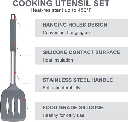 E-far 7 Pcs Silicone Cooking Utensils Set, Heat Resistant Kitchen Tools with Stainless Steel Handle, Gray