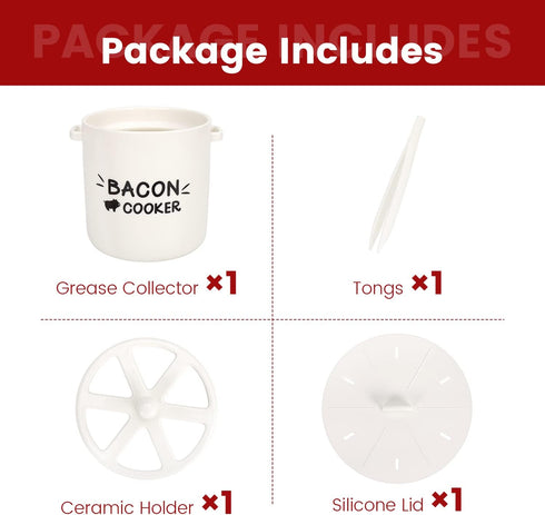 Microwave Bacon Cooker with Lid and Bonus Tongs - SOLIGT Ceramic Splatter-Proof Design Easy Faster Bacon Maker for