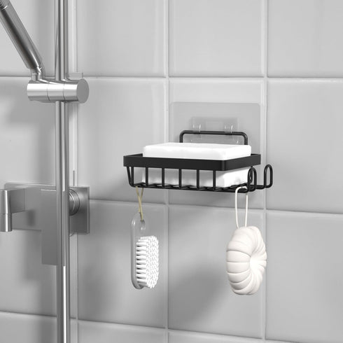 2 Adhesive Soap Bar Holder for Shower Wall, Self Draining Soap Dish Container Caddy Saver with Hooks for Razor Loofah