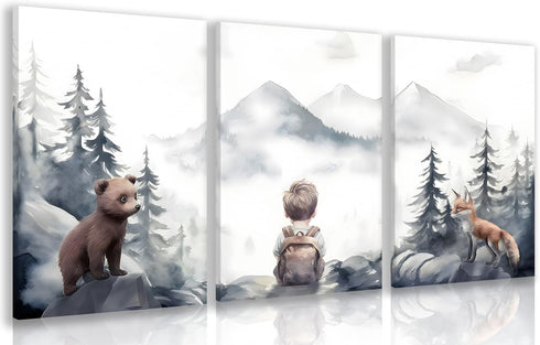 kilamino Neutral Woodland Wild Animal Wall Art, Cute Bear Fox Nursery Wall Decor,